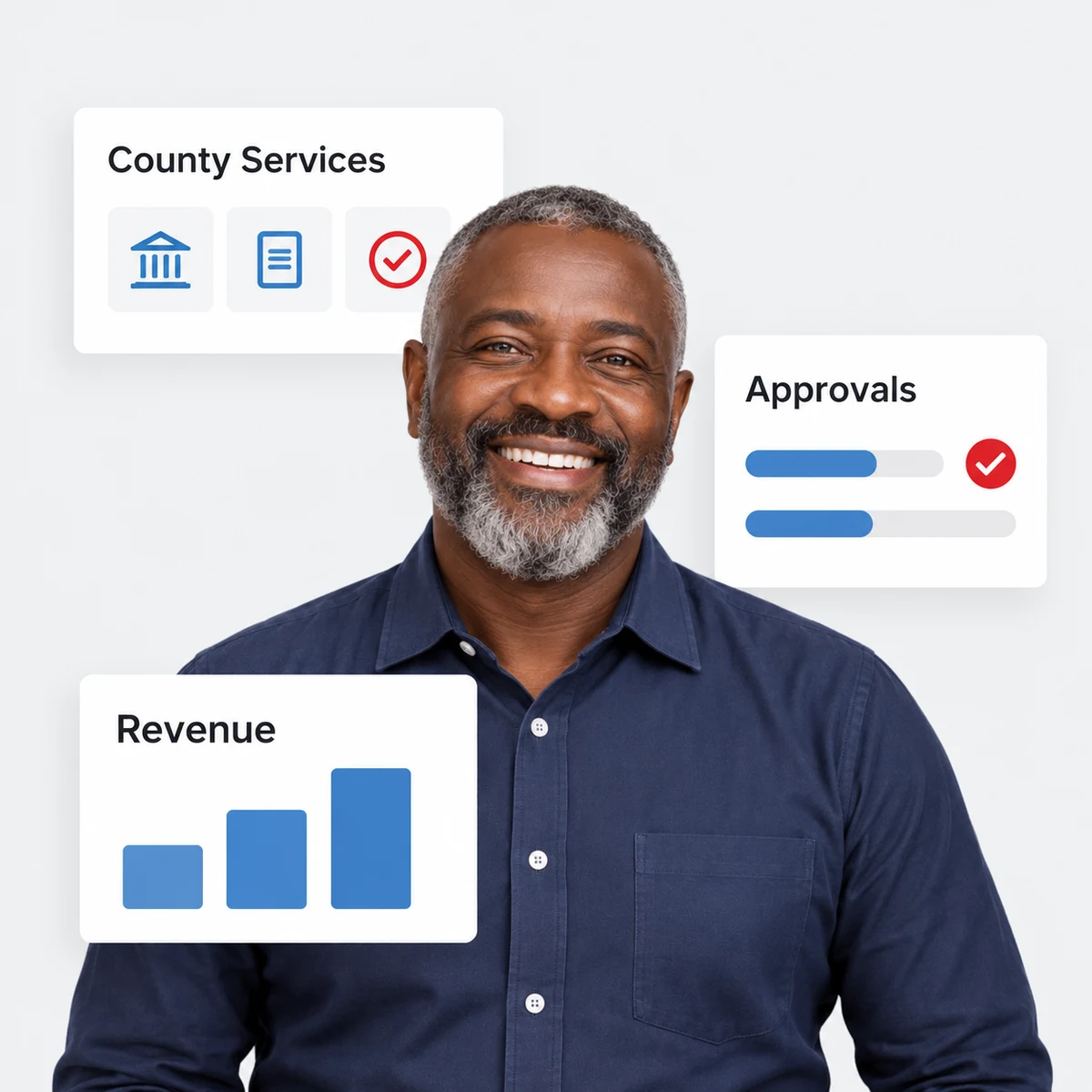 County administrator with illustrative service, approval and revenue panels