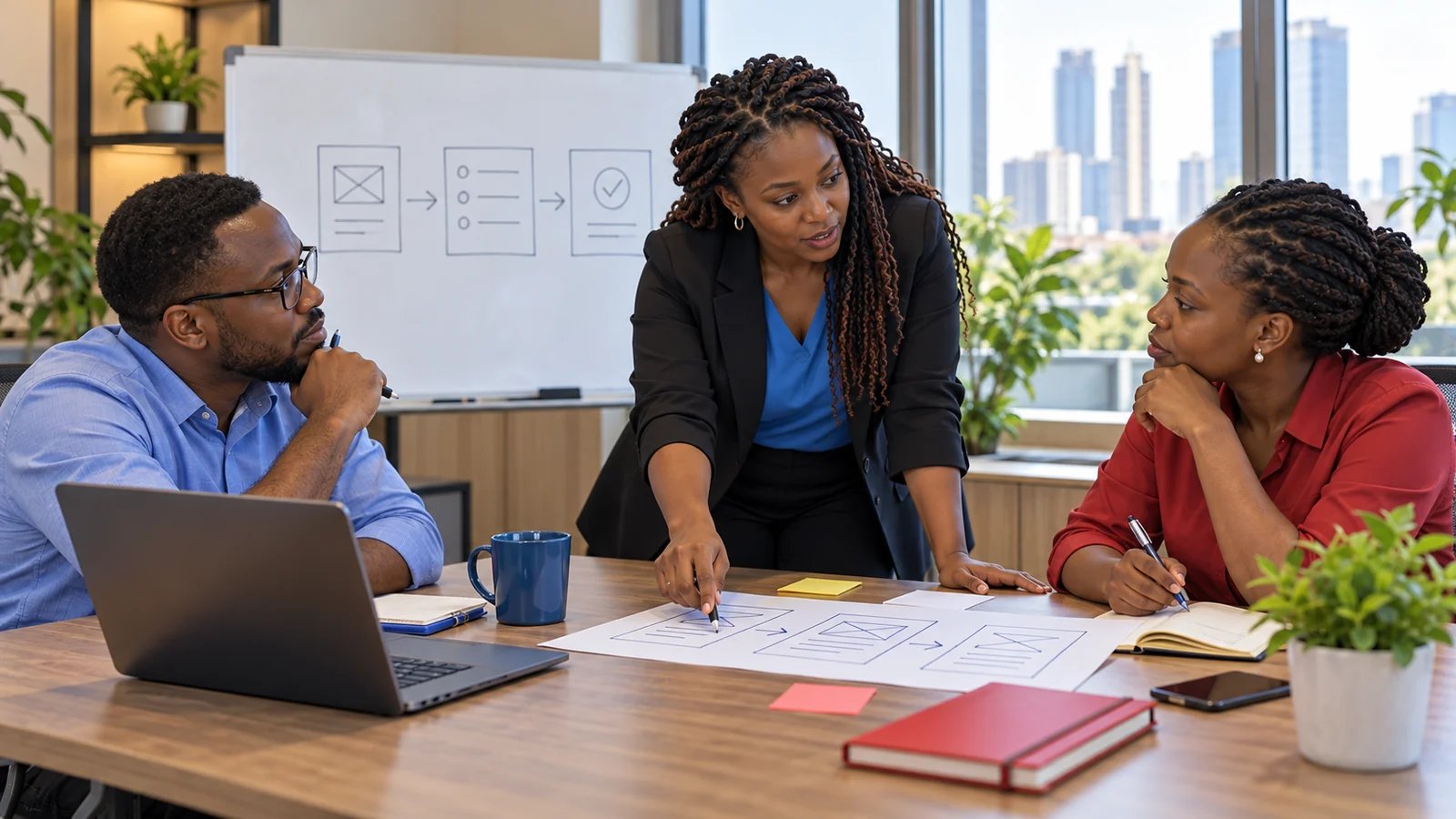 An analyst and operations team discuss workflows and paper prototypes.