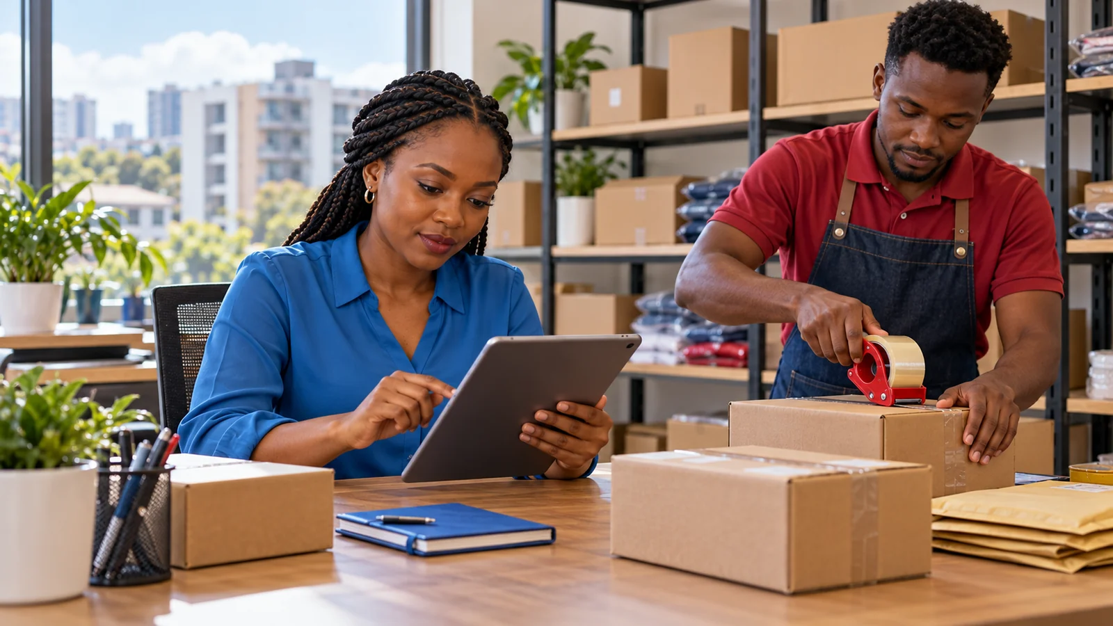An online-store team checks an order and packs a parcel.