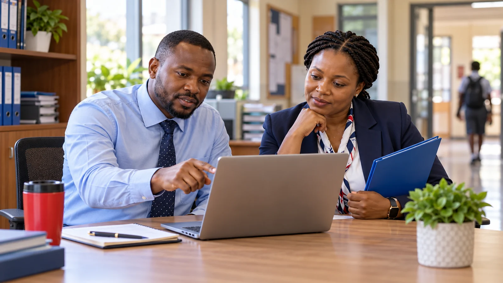 College administrators review records together in a school office.
