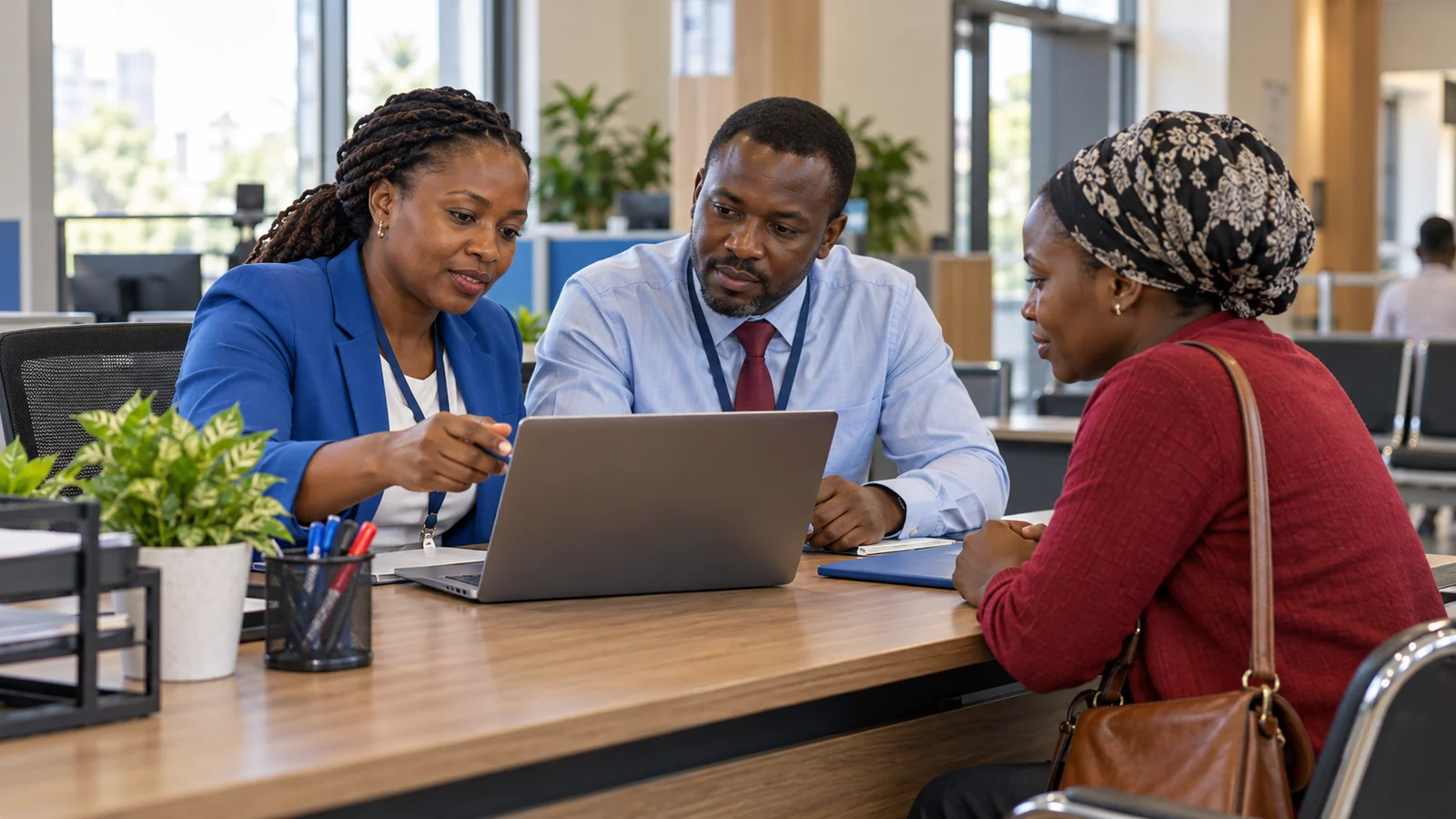 Public-service staff review an application with a visitor at a service desk.