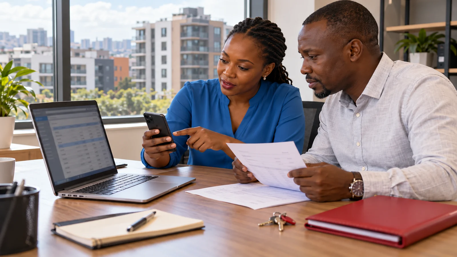 A business operator and finance colleague compare a phone payment with an invoice.