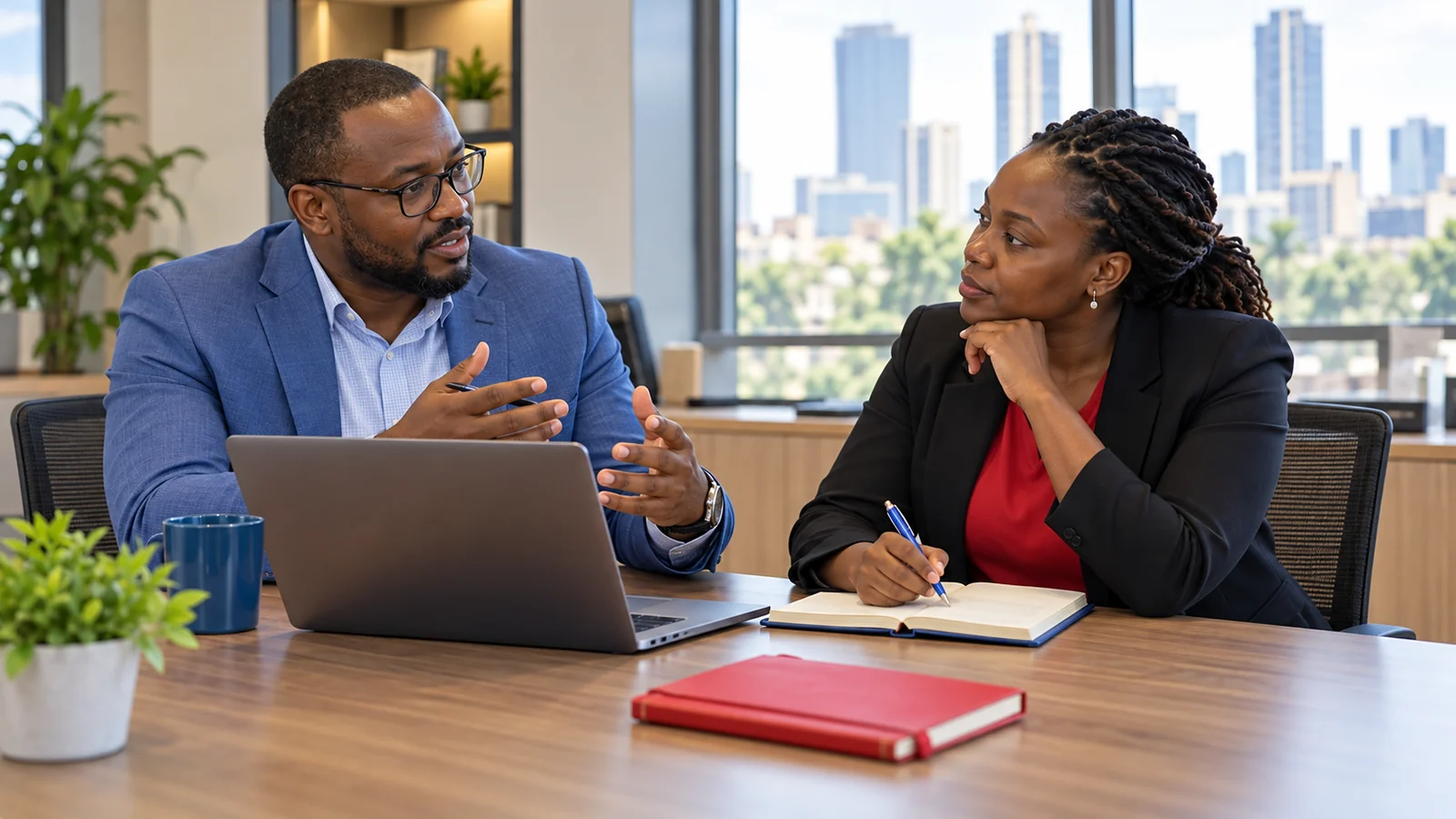 A consultant and business representative discuss project scope.