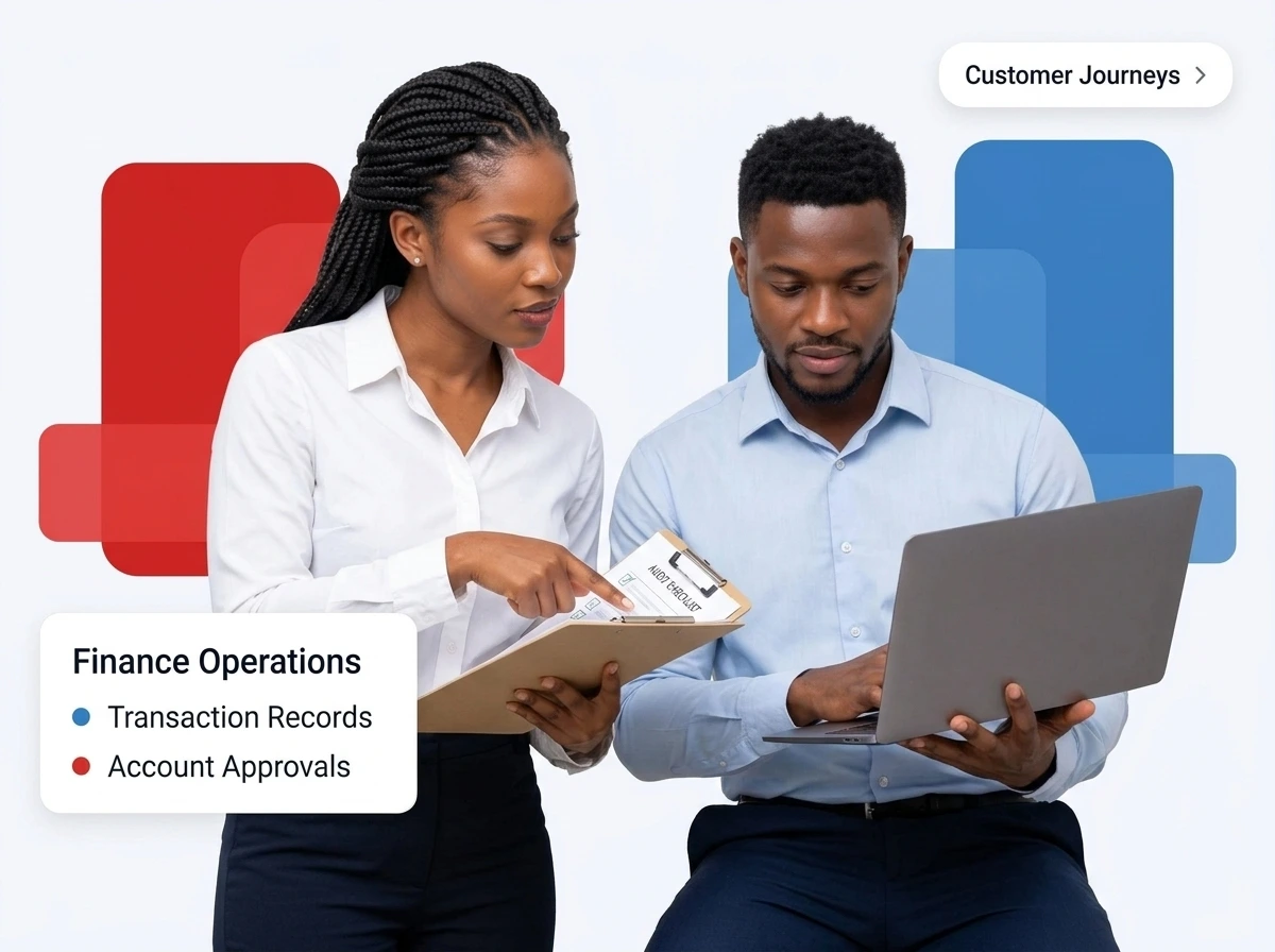 Fintech compliance manager and finance operations colleague reviewing transaction logs, with a Finance Operations UI card showing Transaction Records and Account Approvals.