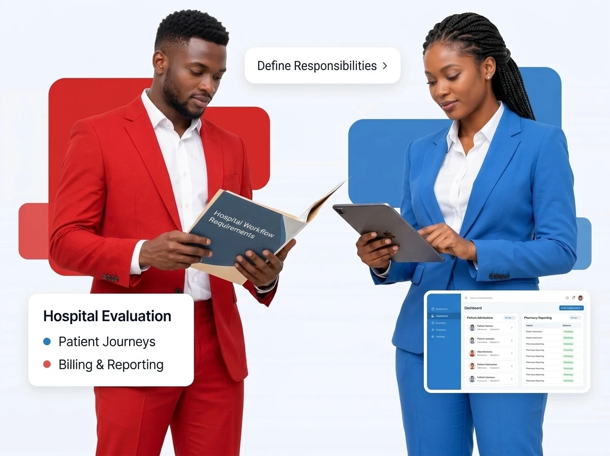Hospital administrator and medical records supervisor reviewing clinical requirements, with a Hospital Evaluation UI card showing Patient Journeys and Billing & Reporting.