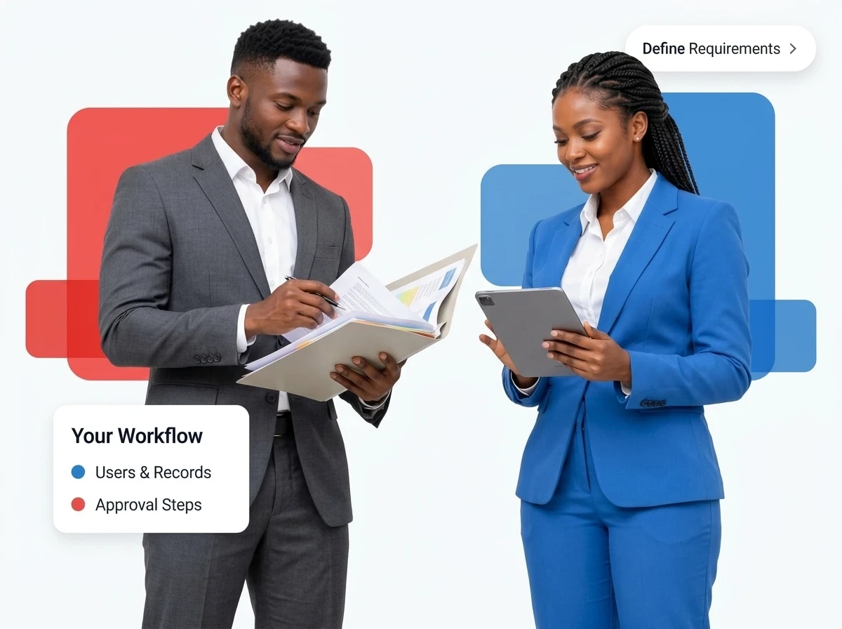 Operations lead and systems analyst simplifying paper requisition approvals with a tablet, with a Your Workflow UI card showing Users & Records and Approval Steps.