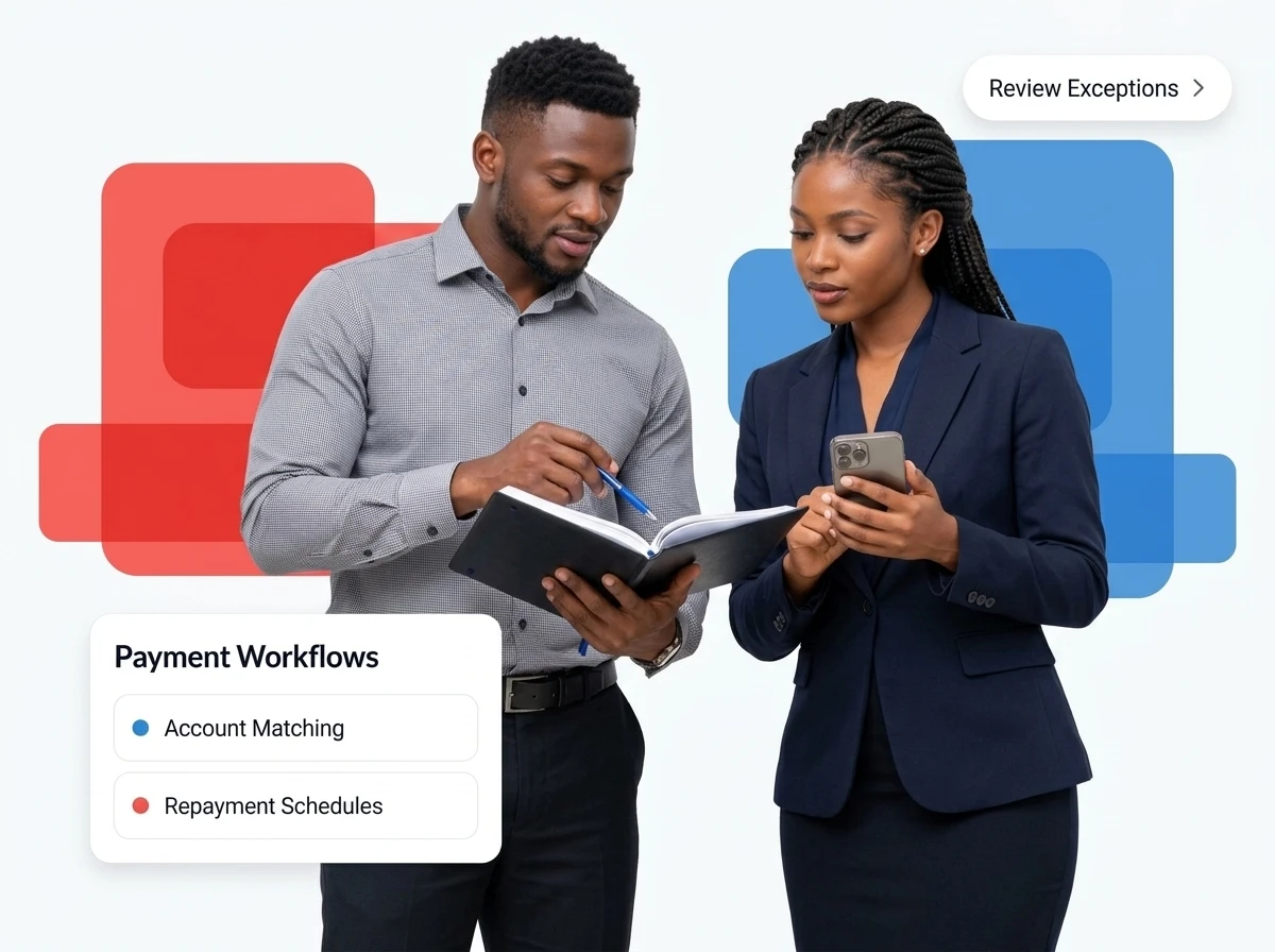 Finance officer and operations colleague verifying payment collections against ledger, with a Payment Workflows UI card showing Account Matching and Repayment Schedules.