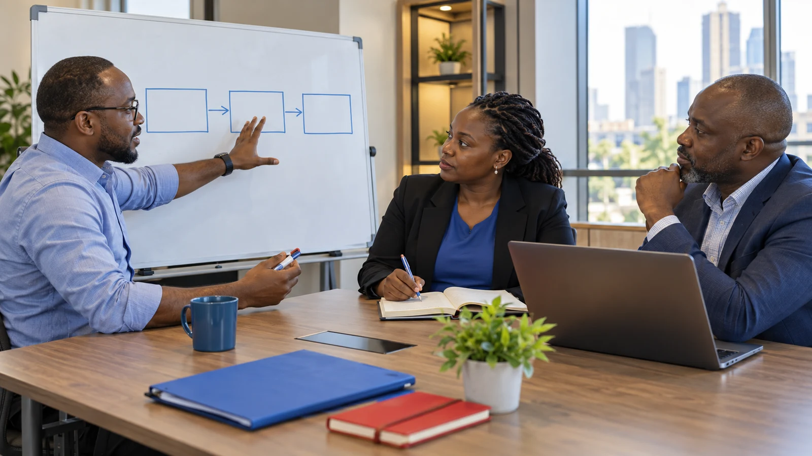 A business team discusses ERP requirements.