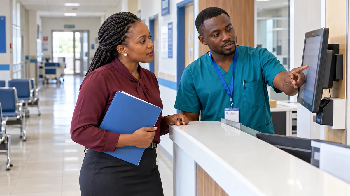 Hospital administrator and nurse review a registration terminal at a hospital reception counter