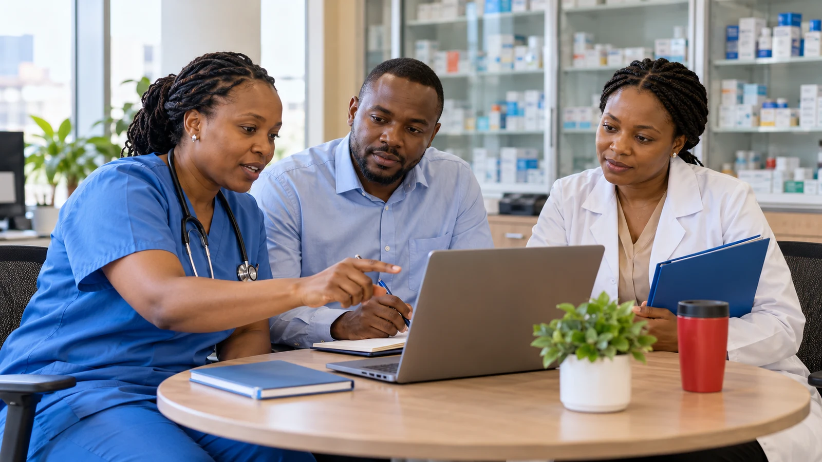 Hospital colleagues discuss clinical, finance and pharmacy requirements.