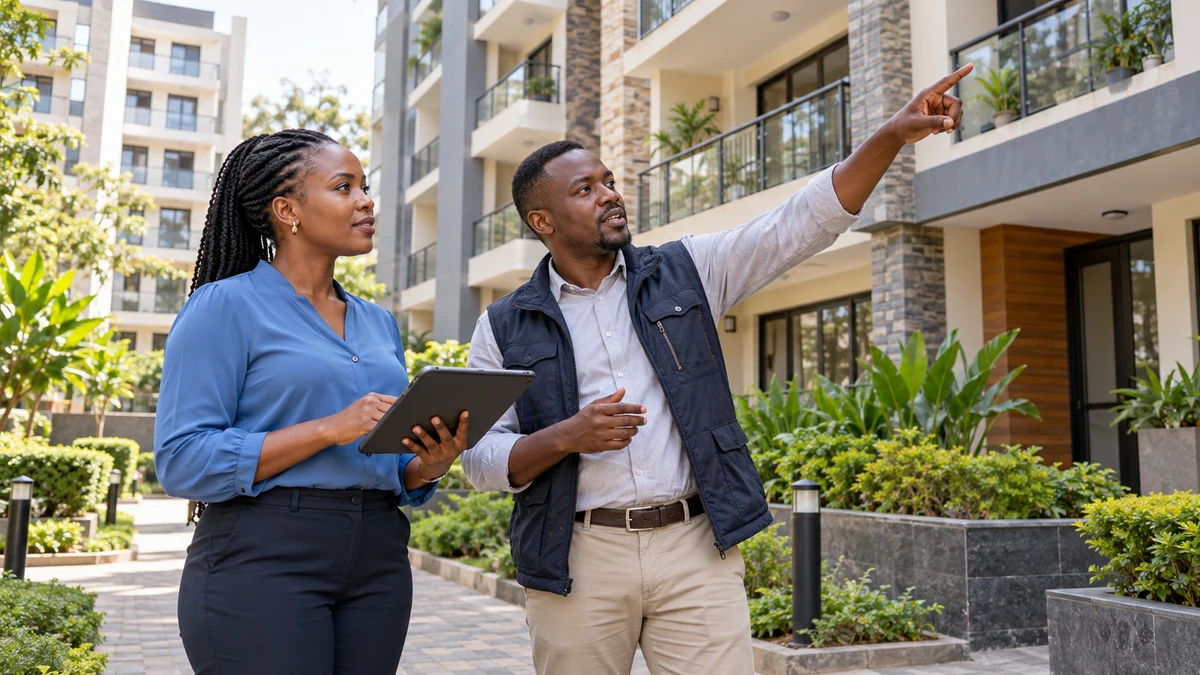 Property manager and building supervisor review apartment units during a courtyard walkthrough